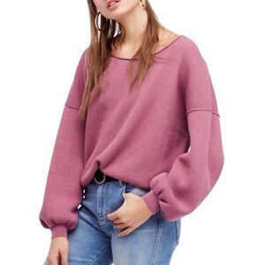Free People XS Sweater Shadow Crew Mauve Pink Balloon Sleeves Ribbed Oversized